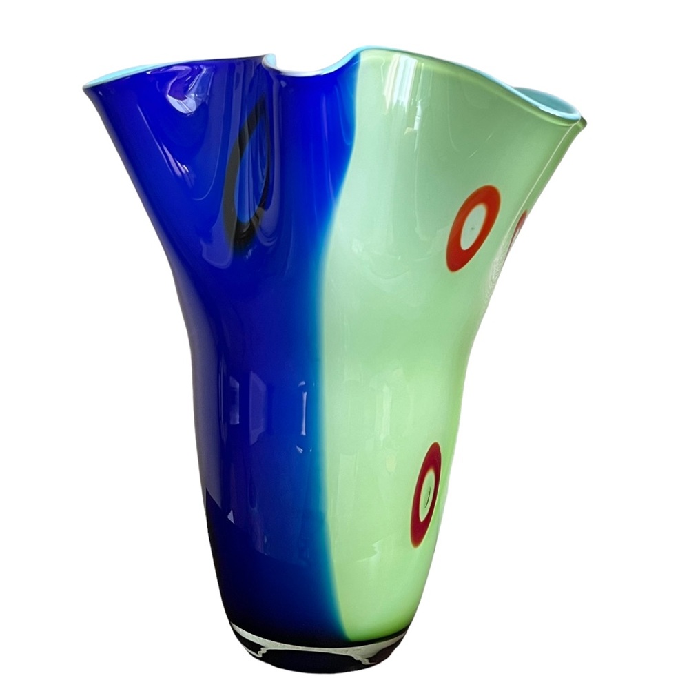 MCM Murano ? Cobalt Blue Lime Red Free Form Ruffled Swirl Large Vase Art Glass